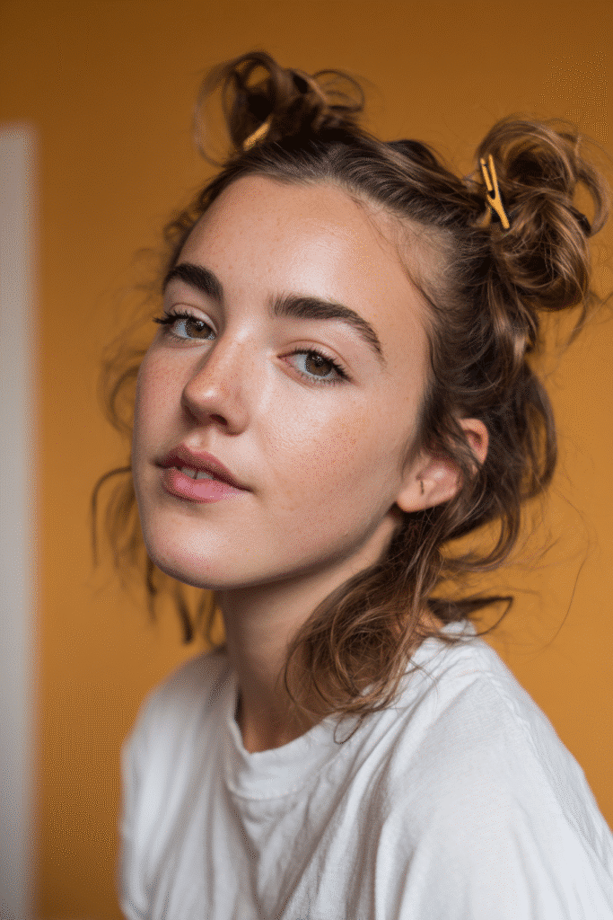 A vibrant young female model in her 20s with natural skin tone, showcasing a 90s messy updo with a mini claw clip updo, featuring a messy style secured with a mini claw clip, captured in a close-up shot focusing on the hair, photographed against a seamless warm amber backdrop with a silky texture. She has subtle makeup, a retro full-shirt 90s outfit, realistic hair texture, warm skin tone, and a friendly expression, captured with soft natural lighting and an Instagram-style beauty vibe.