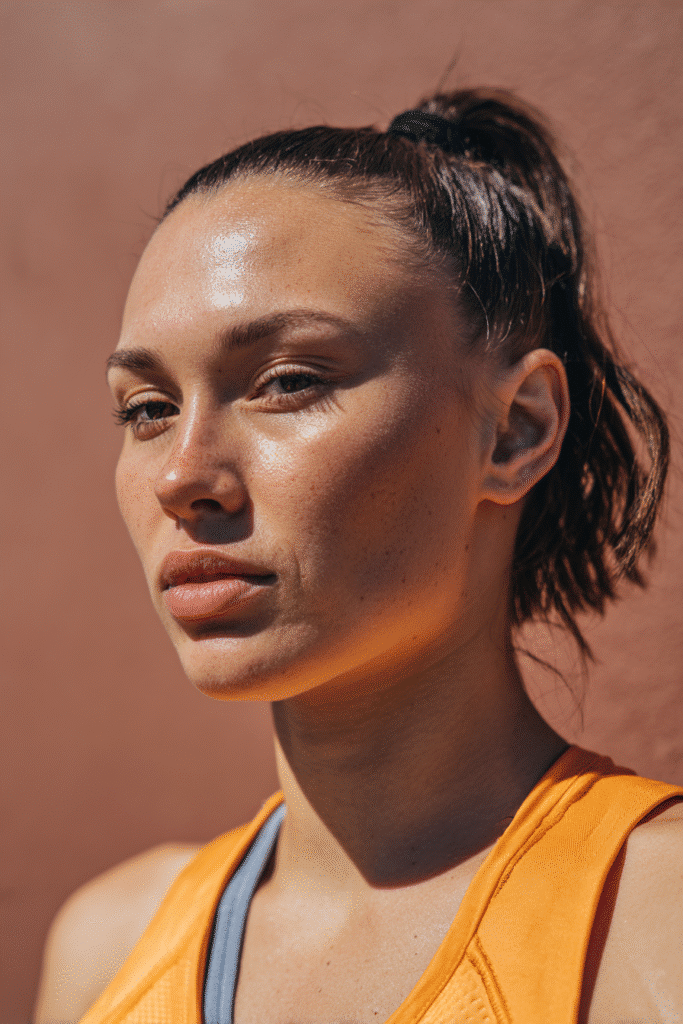 A vibrant female athlete in her 20s with short hair, styled in a mini ponytail with a tight, secure tie, captured in a close-up shot focusing on the hair, photographed against a seamless warm plum backdrop with a satin finish. She has subtle makeup, a volleyball uniform, a warm skin tone, and a confident expression, captured with bright natural lighting and a sporty vibe.