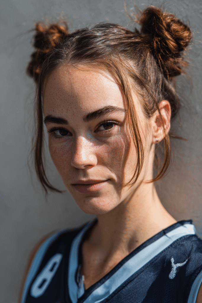 A vibrant female athlete in her 20s with short hair, styled in mini top knots and half-up styles with a secure finish, captured in a close-up shot focusing on the hair, photographed against a seamless light gray backdrop with a smooth surface. She has subtle makeup, a volleyball uniform, a warm skin tone, and a confident expression, captured with bright natural lighting and a sporty vibe.