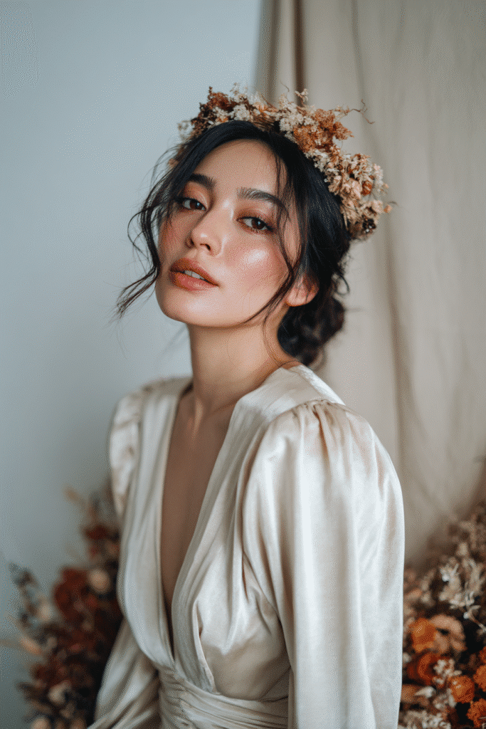 A gorgeous young Black American bride with a sleek modern chignon and dried floral accents in a deep chestnut shade, wearing an elegant full-length winter wedding dress with velvet long sleeves, radiant expression, warm skin tone, against a seamless soft linen backdrop with a matte finish, rustic floral details in a winter mood.