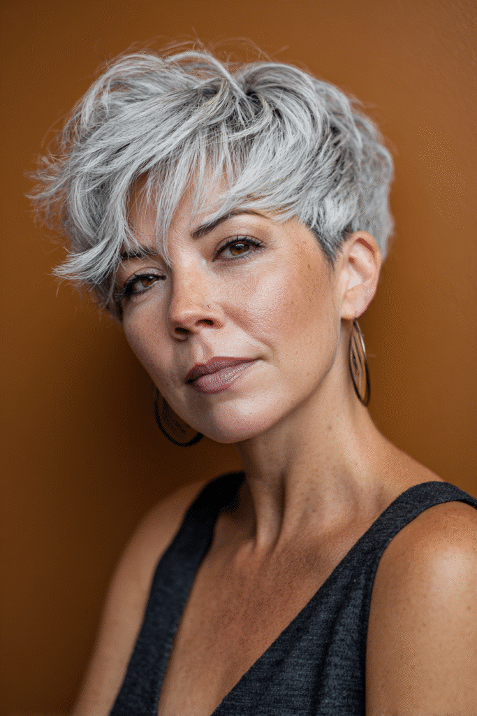 A vibrant American female model over 50 with a mature appearance, showcasing a youthful Modern Shag Cut hairstyle with choppy layers and fringe for edginess, captured in a close-up shot focusing on the hair, photographed against a seamless warm plum backdrop with a satin finish. She has subtle makeup with visible aging signs, an elegant outfit, realistic hair texture with silver accents, warm skin tone, and a friendly expression, captured with soft natural lighting and an Instagram-style beauty vibe.