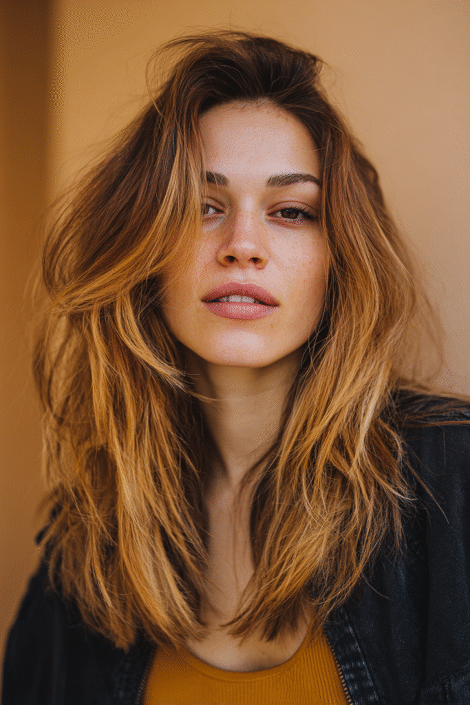A vibrant female model in her 20s with shoulder-to-waist-length hair, styled in a money piece balayage with bold face-framing highlights, captured in a close-up shot focusing on the hair, photographed against a seamless warm violet backdrop with a matte finish. She has subtle makeup, a trendy outfit, a warm skin tone, and a confident expression, captured with warm natural lighting and a soft glow.