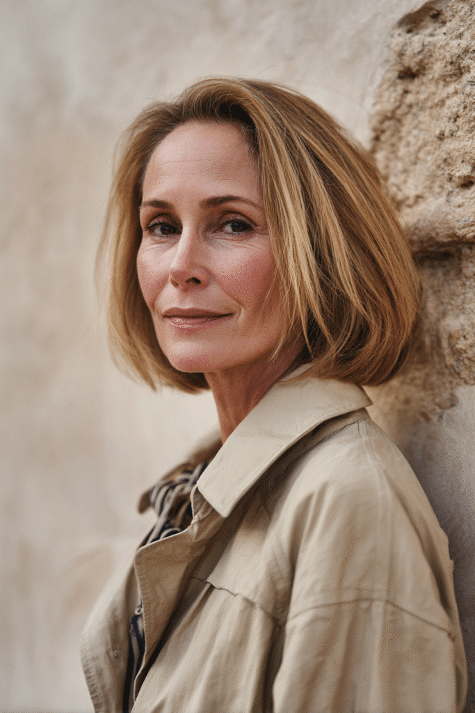 An elegant woman over 50 with a warm skin tone and calm expression, showcasing Naomi Watts' middle-part bob hairstyle for bob hairstyles for women over 50. The hair is a center-parted bob with volume, colored sandy blonde, styled with a cashmere wrap. Captured in soft natural lighting with subtle makeup, set against a textured plaster backdrop with minimal texture for an Instagram-style beauty photo.