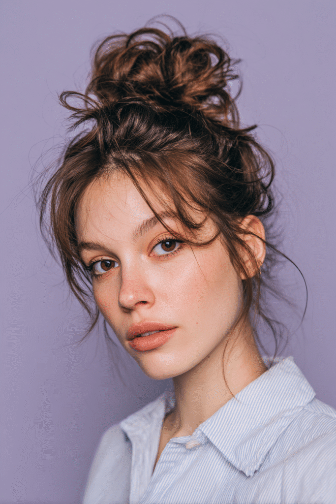 A vibrant young female model in her 20s with natural skin tone, showcasing a 90s messy updo with a Pamela Anderson-inspired messy bun, featuring voluminous texture and loose strands, captured in a close-up shot focusing on the hair, photographed against a seamless soft lavender backdrop with a matte finish. She has subtle makeup, a retro full-shirt 90s outfit, realistic hair texture, warm skin tone, and a friendly expression, captured with soft natural lighting and an Instagram-style beauty vibe.
