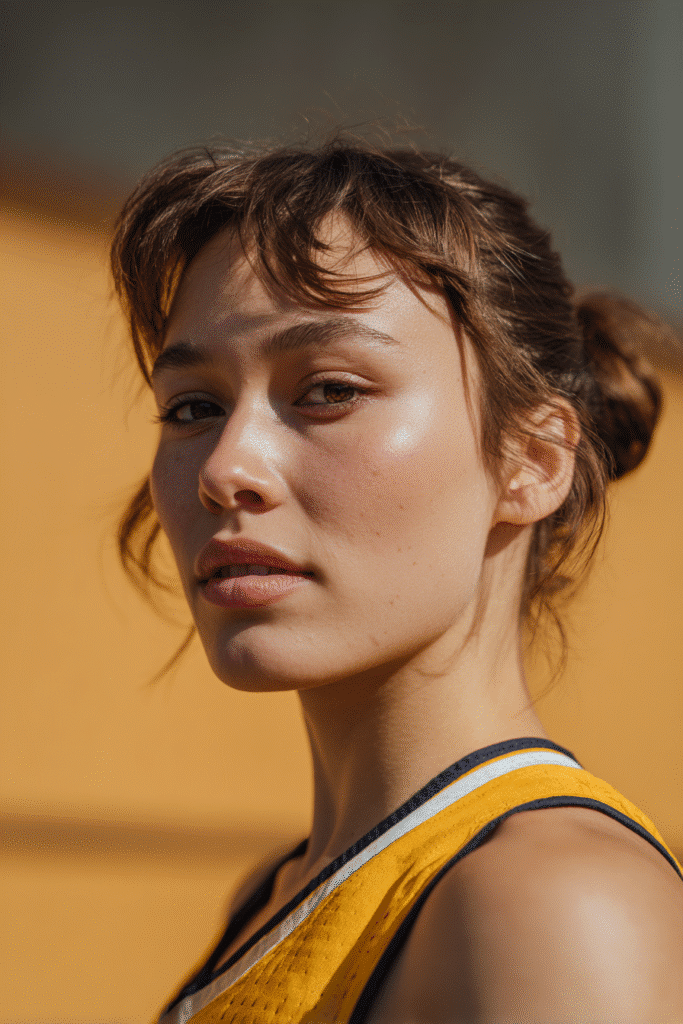 A vibrant female athlete in her 20s with short hair, styled in a pinned-back pixie with a neat, secure hold, captured in a close-up shot focusing on the hair, photographed against a seamless warm amber backdrop with a matte finish. She has subtle makeup, a volleyball uniform, a warm skin tone, and a confident expression, captured with bright natural lighting and a sporty vibe.