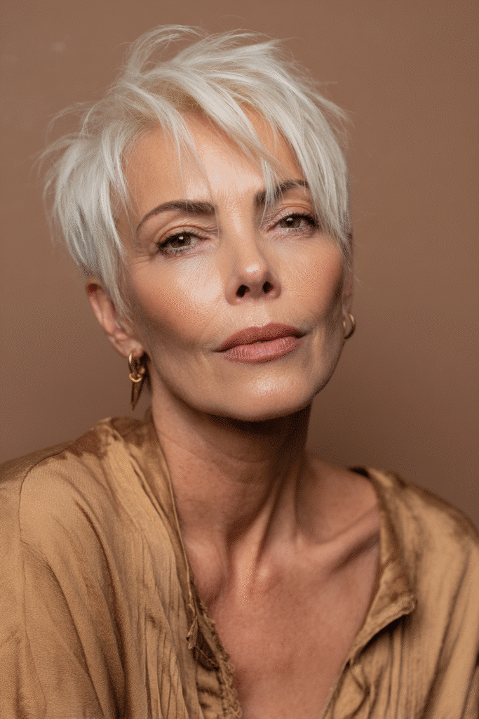A vibrant American female model over 70 with a distinctly older appearance, showcasing a Blonde Hairstyle For Women Over 70 with a pixie bob and subtle blonde highlights with silver accents, captured in a close-up shot focusing on the hair, photographed against a seamless warm mocha backdrop with a satin finish. She has subtle makeup with deeper wrinkles visible, an elegant outfit, realistic hair texture, warm skin tone, and a friendly expression, captured with soft natural lighting and an Instagram-style beauty vibe.