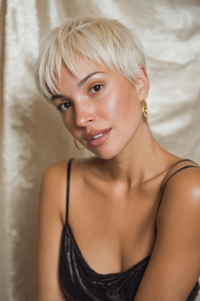 A vibrant American female model with thin hair, showcasing a Bob Cut For Thin Hair with a pixie bob and ice blonde highlights to add volume, captured in a close-up shot focusing on the hair, photographed against a seamless soft ivory backdrop with a satin finish. She has subtle makeup, an elegant outfit, realistic hair texture, warm skin tone, and a friendly expression, captured with soft natural lighting and an Instagram-style beauty vibe.