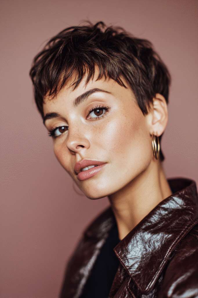 A vibrant female model in her 20s with a short pixie cut quick weave, styled with a chic layered finish, captured in a close-up shot focusing on the hair, photographed against a seamless soft mauve backdrop with a glossy sheen. She has subtle makeup, a trendy outfit, a warm skin tone, and a confident expression, captured with warm natural lighting and a soft glow.
