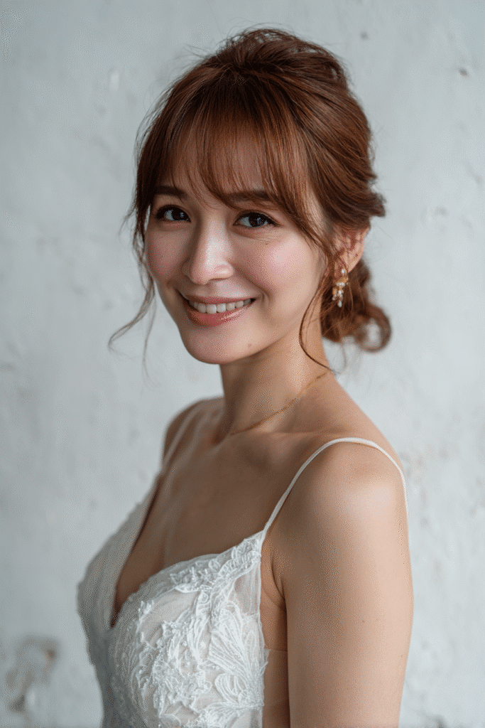 A gorgeous young American bride with a warm skin tone and friendly expression, showcasing polished updo with curtain bangs wedding hairstyle. The hair is a sleek polished updo with soft curtain bangs, colored light auburn, styled elegantly. She is dressed in an elegant bridal gown, captured in soft natural lighting with subtle makeup, set against a seamless white backdrop with minimal texture for an Instagram-style beauty photo.