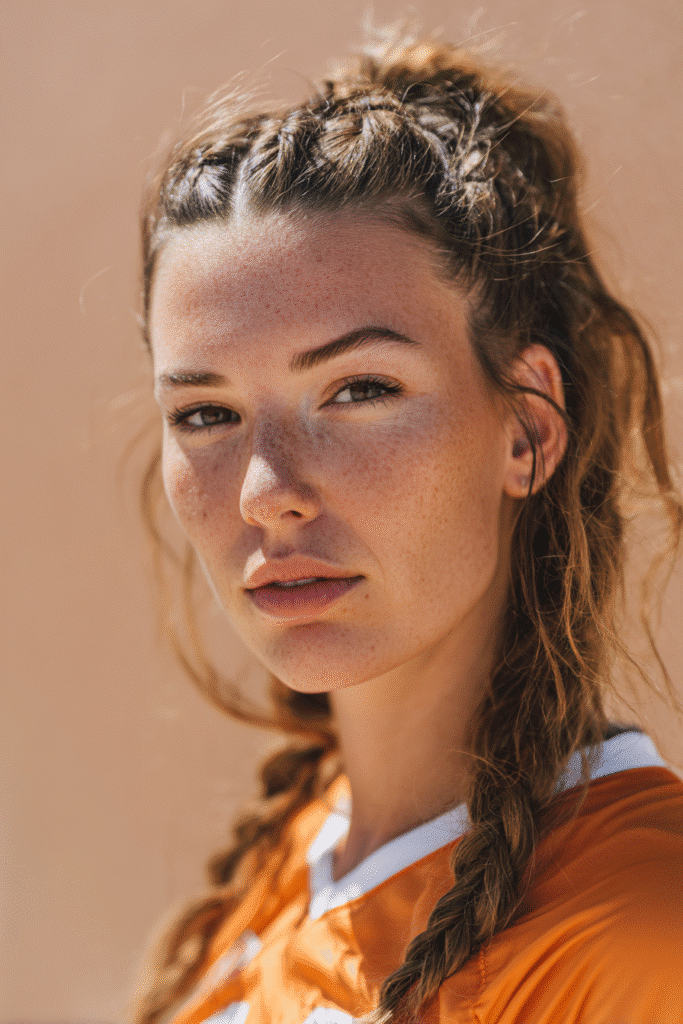 A vibrant female athlete in her 20s with shoulder-to-waist-length hair, styled in a pull-through braided updo with a layered, secure structure, captured in a close-up shot focusing on the hair, photographed against a seamless warm peach backdrop with a matte finish. She has subtle makeup, a volleyball uniform, a warm skin tone, and a confident expression, captured with bright natural lighting and a sporty vibe.