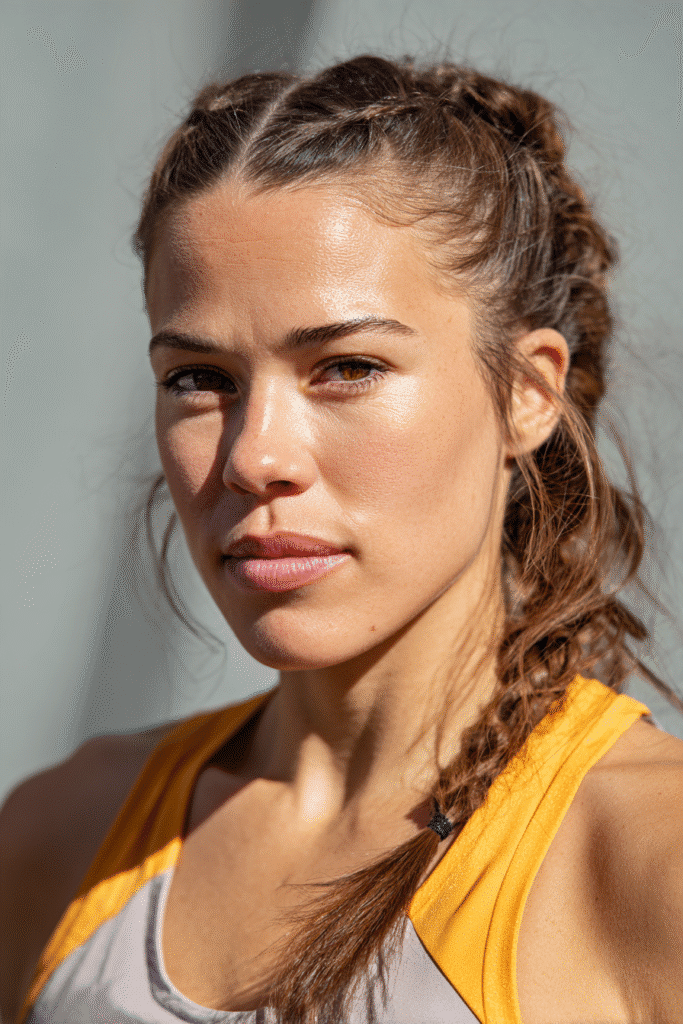A vibrant female athlete in her 20s with shoulder-to-waist-length hair, styled in a pull-through braided updo with a secure structure, captured in a close-up shot focusing on the hair, photographed against a seamless light sage backdrop with a glossy sheen. She has subtle makeup, a volleyball uniform, a warm skin tone, and a confident expression, captured with bright natural lighting and a sporty vibe.
