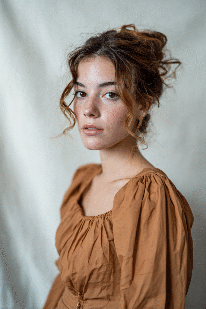 A gorgeous young woman with a natural look displaying softly pulled-back curls in a warm golden brown shade, wearing an elegant full-length dress with chiffon long sleeves, radiant expression, warm skin tone, against a seamless soft linen backdrop with a matte finish.