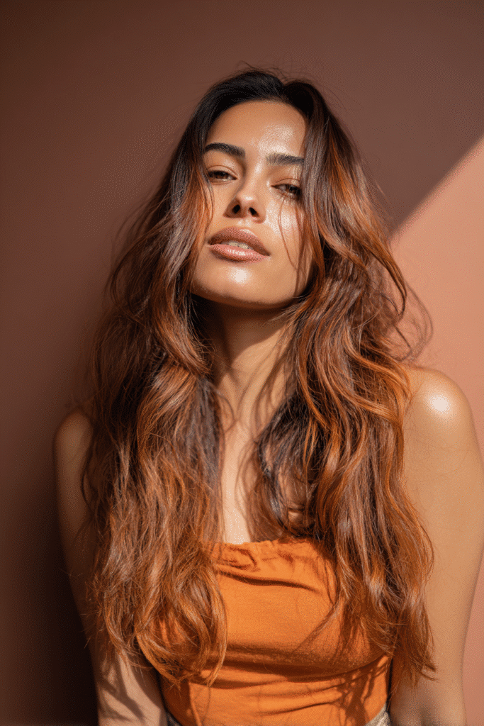 A vibrant female model in her 20s with shoulder-to-waist-length hair, styled in a pumpkin spice balayage with warm orange highlights, captured in a close-up shot focusing on the hair, photographed against a seamless warm plum backdrop with a satin finish. She has subtle makeup, a trendy outfit, a warm skin tone, and a confident expression, captured with warm natural lighting and a soft glow.