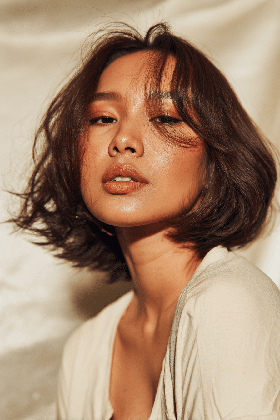 A vibrant female model in her 20s with a shoulder-length quick weave bob featuring soft bangs, styled with a sleek finish, captured in a close-up shot focusing on the hair, photographed against a seamless soft ivory backdrop with a satin finish. She has subtle makeup, a trendy outfit, a warm skin tone, and a confident expression, captured with warm natural lighting and a soft glow.