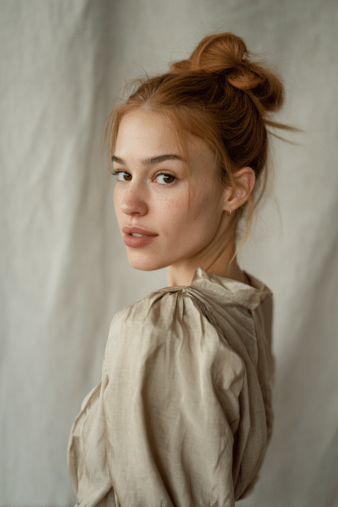 A gorgeous young woman with a natural look displaying a sleek retro-inspired slick back with volume in a warm golden shade, wearing an elegant full-length dress with satin long sleeves, radiant expression, warm skin tone, against a seamless soft linen backdrop with a matte finish.