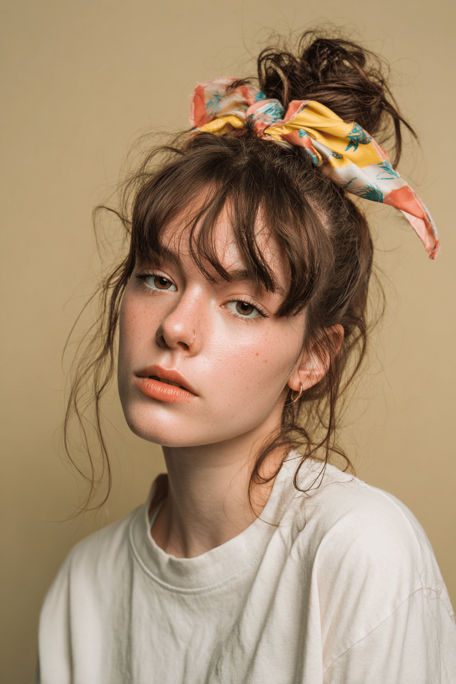 A vibrant young female model in her 20s with natural skin tone, showcasing a 90s messy updo with a ribbon-tied bun, featuring a messy bun with a colorful ribbon woven into the hair for a playful accent, captured in a close-up shot focusing on the hair, photographed against a seamless light gold backdrop with a glossy sheen. She has subtle makeup, a retro full-shirt 90s outfit, realistic hair texture, warm skin tone, and a friendly expression, captured with soft natural lighting and an Instagram-style beauty vibe.