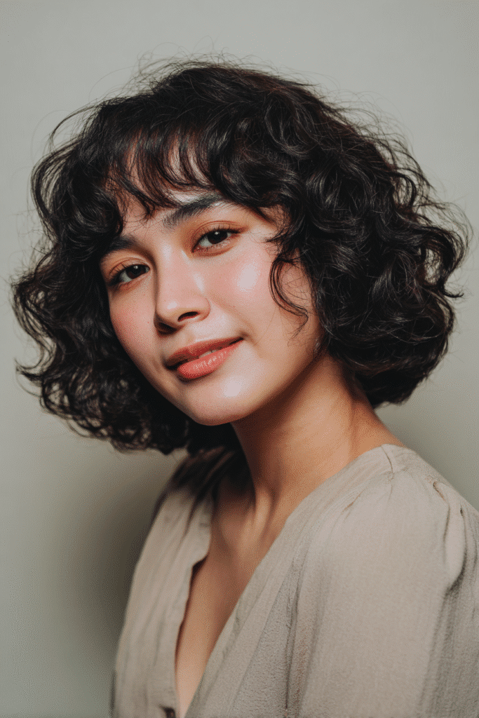 A gorgeous young female model in her 20s with natural skin tone, showcasing a prom hairstyle for short hair with romantic finger waves, featuring smooth retro curves, captured in a close-up shot focusing on the hair, photographed against a seamless light sage backdrop with glossy sheen. She has subtle makeup, an elegant full-shirt prom dress, realistic hair texture, warm skin tone, and a friendly expression, captured with soft natural lighting and an Instagram-style beauty vibe.