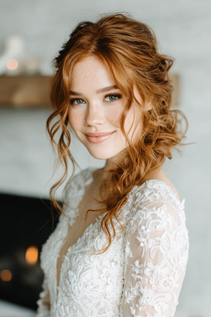 A gorgeous young Black American bride with soft half-up, half-down curls and loose tendrils in a warm cocoa shade, wearing an elegant full-length winter wedding dress with satin long sleeves, radiant expression, warm skin tone, against a seamless soft linen backdrop with a matte finish, frost-inspired hair pins in a winter mood.