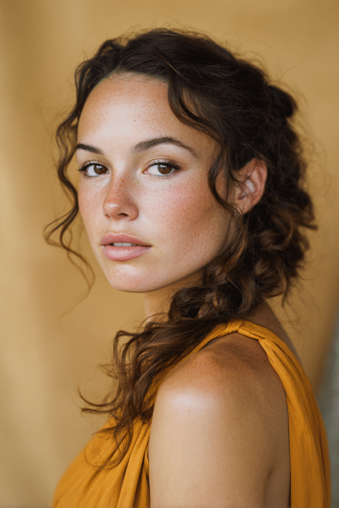 A stunning young woman in her 20s with natural skin tone, showcasing a homecoming hairstyle for medium hair with a romantic side braid, featuring loose waves in a side braid with medium-length hair, captured in a close-up shot focusing on the hair, photographed against a seamless warm mustard backdrop with a satin finish. She has subtle makeup, a chic homecoming dress, realistic hair texture, warm skin tone, and a confident expression, captured with soft natural lighting and an Instagram-style beauty vibe.