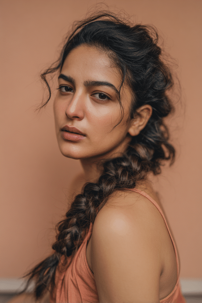 A stunning young woman in her 20s with natural skin tone, showcasing a homecoming hairstyle with a romantic side braid, featuring loose waves in a side braid, captured in a close-up shot focusing on the hair, photographed against a seamless warm peach backdrop with a matte finish. She has subtle makeup, a chic homecoming dress, realistic hair texture, warm skin tone, and a confident expression, captured with soft natural lighting and an Instagram-style beauty vibe.