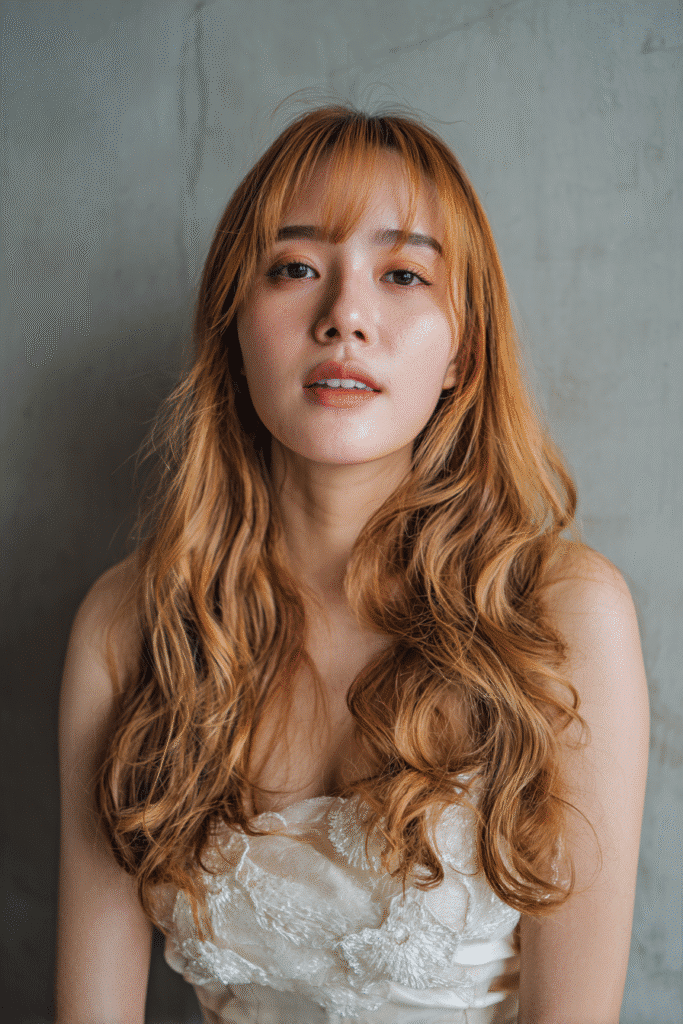 A gorgeous young American bride with a warm skin tone and friendly expression, showcasing romantic waves with full fringe wedding hairstyle. The hair features soft romantic waves with a full straight fringe, colored honey blonde, styled elegantly. She is dressed in an elegant bridal gown, captured in soft natural lighting with subtle makeup, set against a soft gray fabric backdrop with minimal texture for an Instagram-style beauty photo.