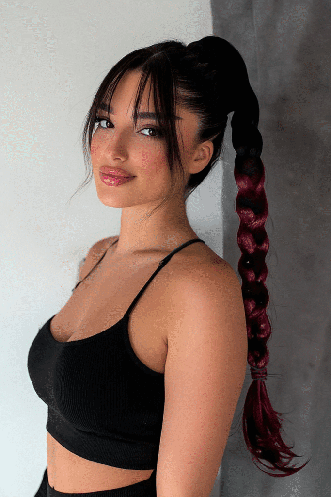 A young American female model with a warm skin tone and friendly expression, showcasing a Rope Braid Ponytail with Wispy Bangs hairstyle. The hair features braided sections on a straight base, set against a soft gray fabric backdrop with minimal texture. She wears subtle makeup and a trendy casual outfit, captured in soft natural lighting for an Instagram-style beauty photo.