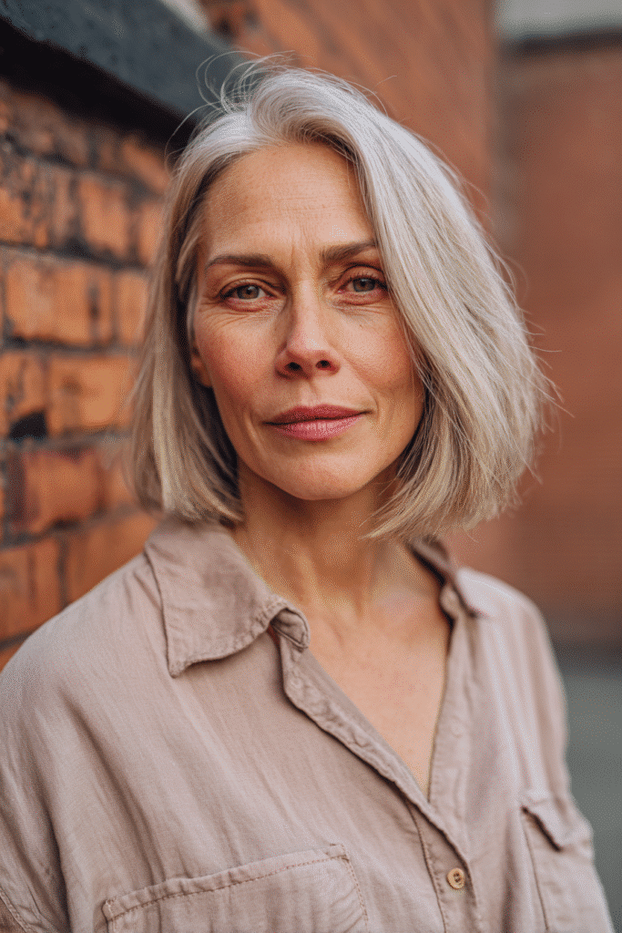 An elegant woman over 50 with a warm skin tone and intense expression, showcasing Sarah Paulson's jaw-length bob hairstyle for bob hairstyles for women over 50. The hair is a precise jaw-length bob, colored blonde with roots, styled with a wool turtleneck. Captured in soft natural lighting with subtle makeup, set against an urban brick wall backdrop with minimal texture for an Instagram-style beauty photo.