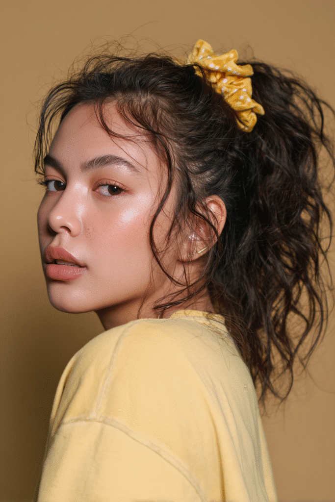 A vibrant young female model in her 20s with natural skin tone, showcasing a 90s messy updo with a scrunchie-enhanced power ponytail, featuring a bold scrunchie accent, captured in a close-up shot focusing on the hair, photographed against a seamless warm olive backdrop with a glossy sheen. She has subtle makeup, a retro full-shirt 90s outfit, realistic hair texture, warm skin tone, and a friendly expression, captured with soft natural lighting and an Instagram-style beauty vibe.