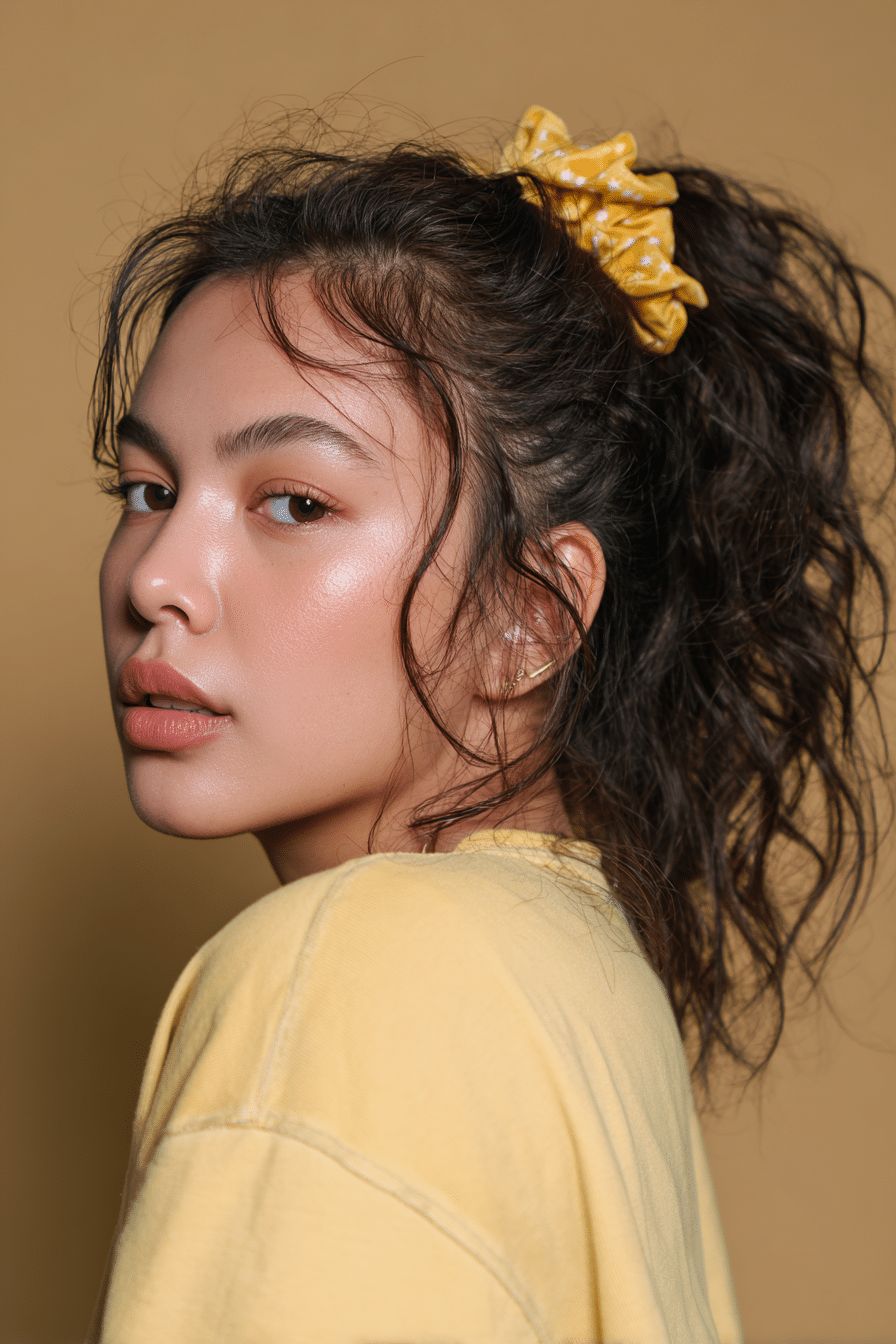 A vibrant young female model in her 20s with natural skin tone, showcasing a 90s messy updo with a scrunchie-enhanced power ponytail, featuring a bold scrunchie accent, captured in a close-up shot focusing on the hair, photographed against a seamless warm olive backdrop with a glossy sheen. She has subtle makeup, a retro full-shirt 90s outfit, realistic hair texture, warm skin tone, and a friendly expression, captured with soft natural lighting and an Instagram-style beauty vibe.