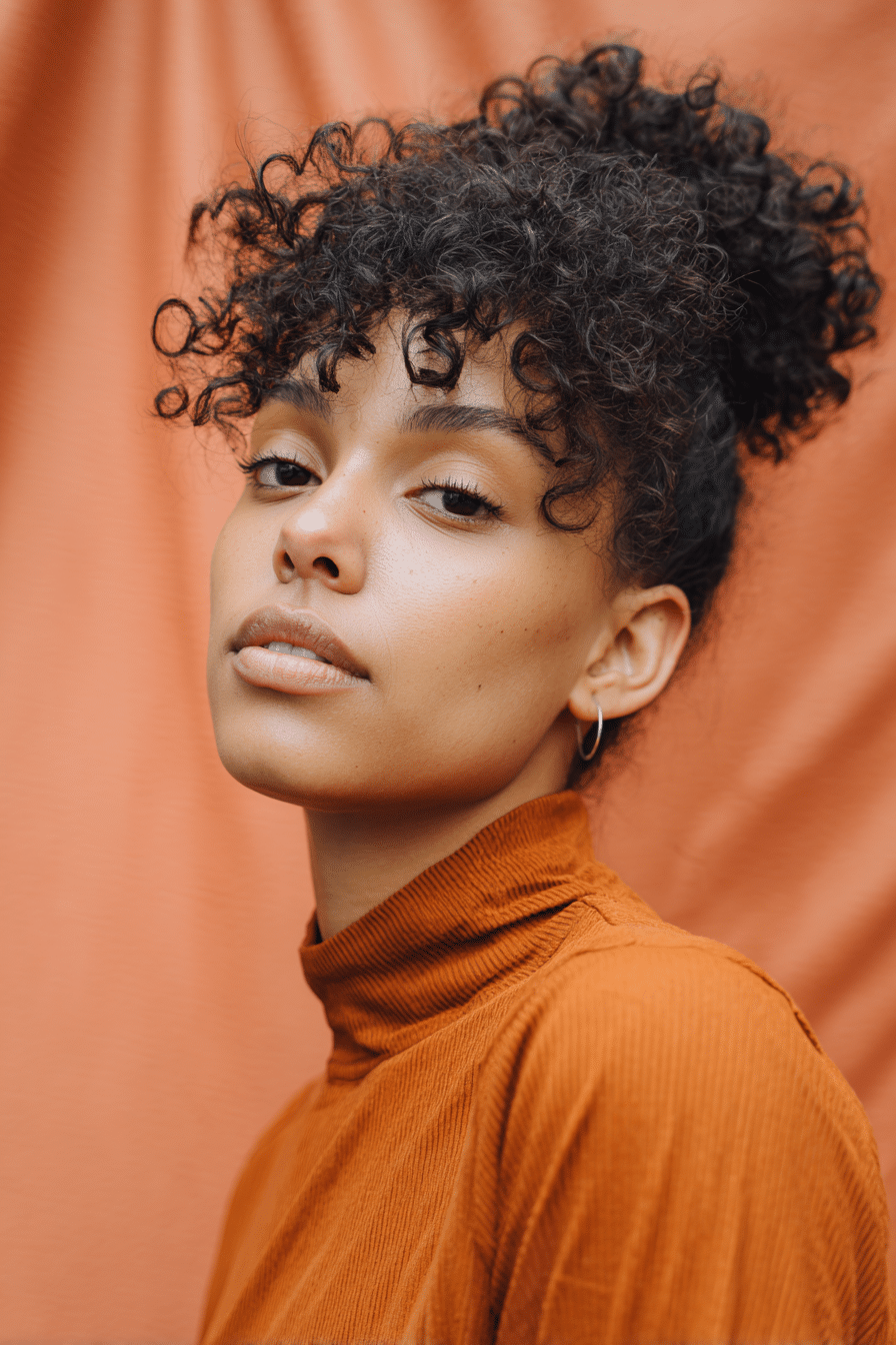 A vibrant young woman in her 20s with natural skin tone, showcasing a curly hairstyle for short hair with a short afro like Jodie Turner-Smith, featuring voluminous natural texture, captured in a close-up shot focusing on the hair, photographed against a seamless warm coral backdrop with a smooth texture. She has subtle makeup, a trendy full-sleeve outfit, realistic hair texture, warm skin tone, and a confident expression, captured with soft natural lighting and an Instagram-style beauty vibe.