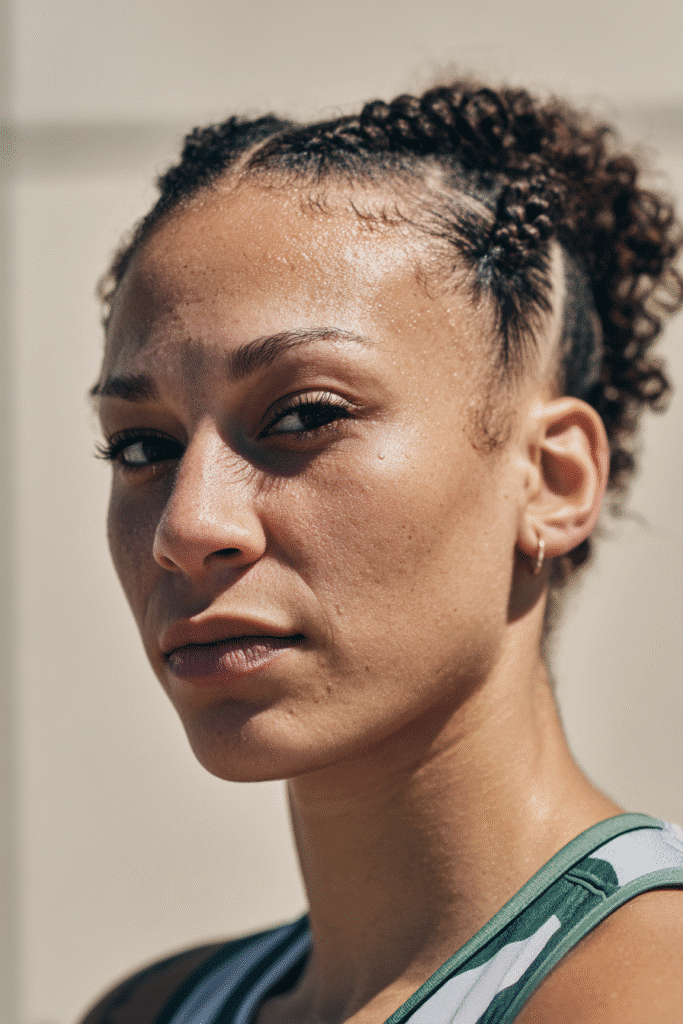 A vibrant female athlete in her 20s with short hair, styled in short hair boxer braids with a durable hold, captured in a close-up shot focusing on the hair, photographed against a seamless light sage backdrop with a glossy sheen. She has subtle makeup, a volleyball uniform, a warm skin tone, and a confident expression, captured with bright natural lighting and a sporty vibe.