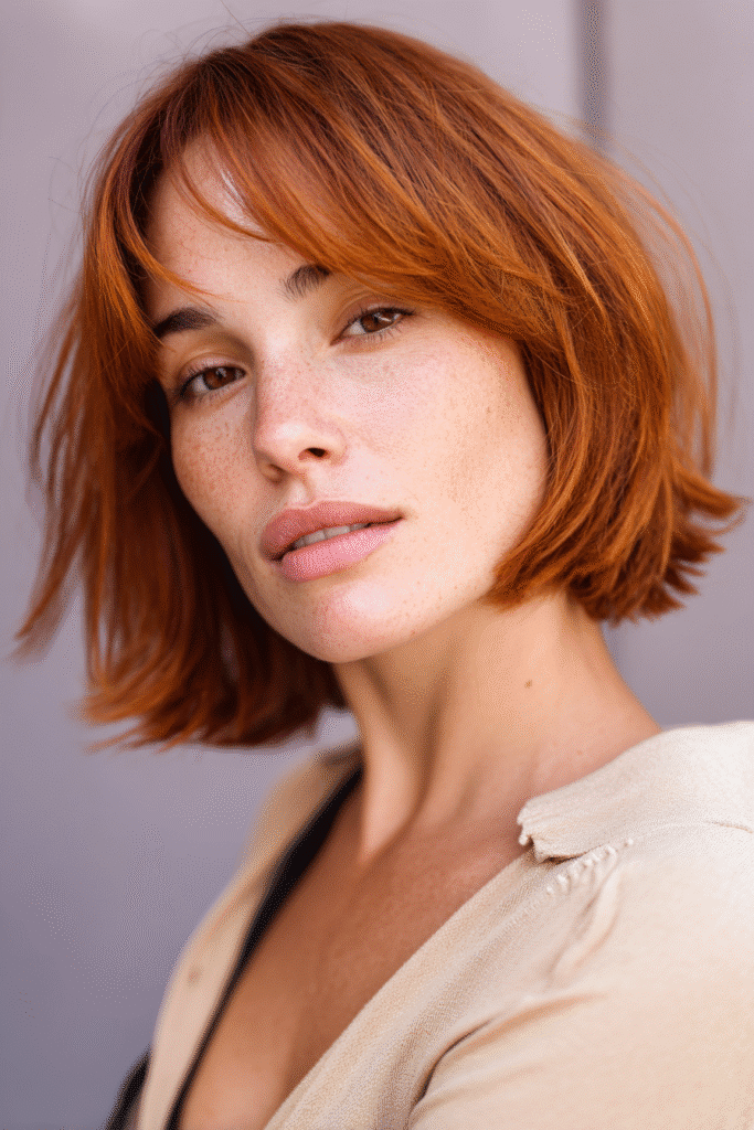 A vibrant American female model with thin hair, showcasing a Bob Cut For Thin Hair with a short layered bob and warm copper to add richness, captured in a close-up shot focusing on the hair, photographed against a seamless warm violet backdrop with a matte finish. She has subtle makeup, an elegant outfit, realistic hair texture, warm skin tone, and a friendly expression, captured with soft natural lighting and an Instagram-style beauty vibe.