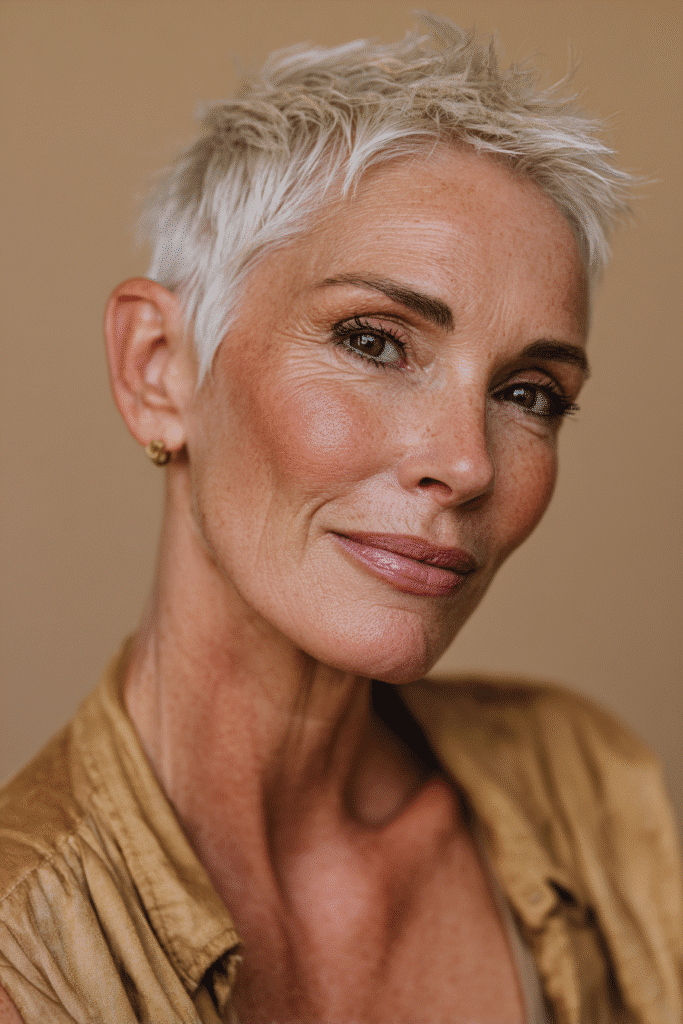 A vibrant American female model over 70 with a distinctly older appearance, showcasing a Blonde Hairstyle For Women Over 70 with a short pixie cut and icy blonde highlights with silver accents, captured in a close-up shot focusing on the hair, photographed against a seamless warm beige backdrop with a silky texture. She has subtle makeup with deeper wrinkles visible, an elegant outfit, realistic hair texture, warm skin tone, and a friendly expression, captured with soft natural lighting and an Instagram-style beauty vibe.