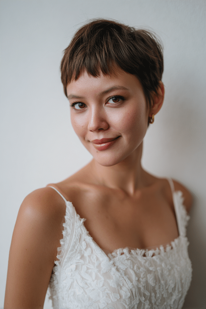 A gorgeous young American bride with a warm skin tone and friendly expression, showcasing a short pixie with blunt bangs wedding hairstyle. The hair is a short textured pixie cut with straight blunt bangs, natural brown in color, styled elegantly. She is dressed in an elegant bridal gown, captured in soft natural lighting with subtle makeup, set against a seamless white backdrop with minimal texture for an Instagram-style beauty photo.