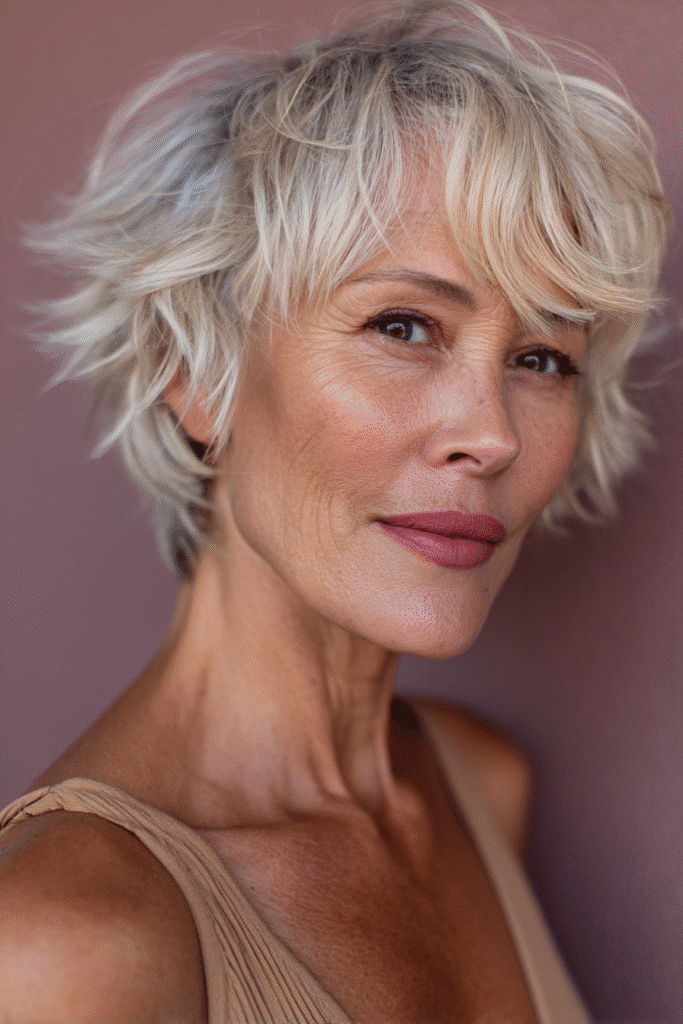 A vibrant American female model over 70 with a distinctly older appearance, showcasing a Blonde Hairstyle For Women Over 70 with a short shag cut and tousled layers in blonde with silver highlights, captured in a close-up shot focusing on the hair, photographed against a seamless soft mauve backdrop with a glossy sheen. She has subtle makeup with deeper wrinkles visible, an elegant outfit, realistic hair texture, warm skin tone, and a friendly expression, captured with soft natural lighting and an Instagram-style beauty vibe.