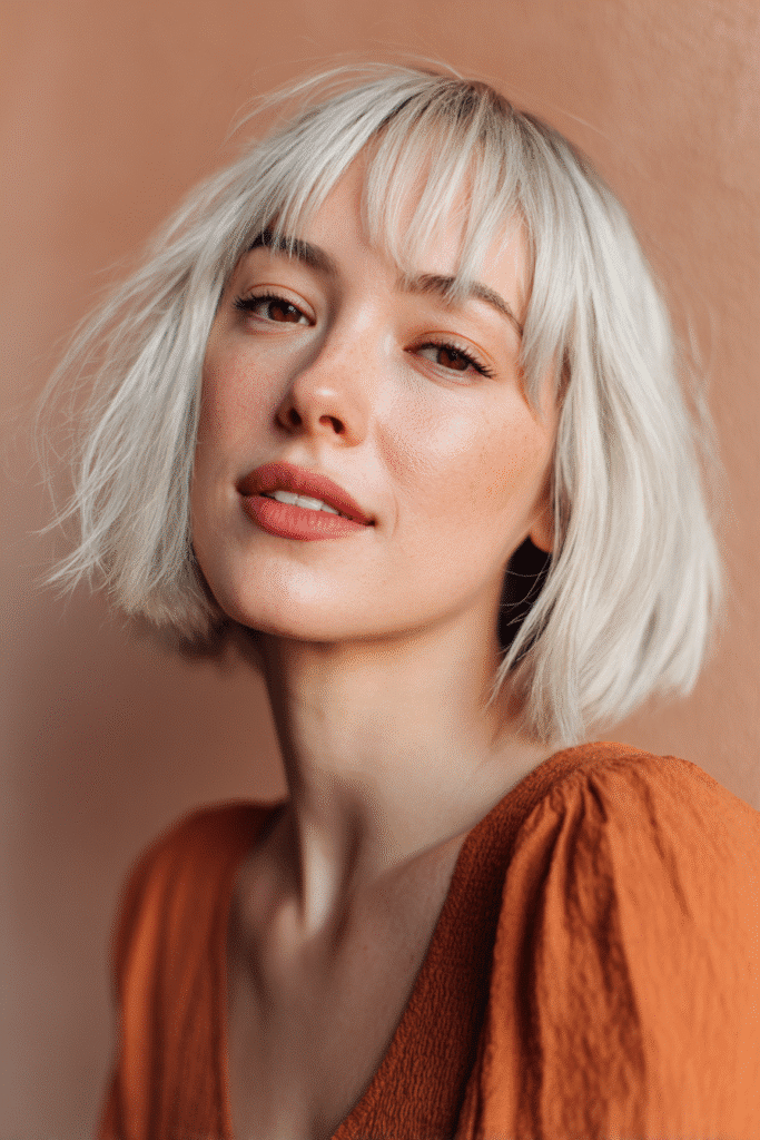 A vibrant American female model with thin hair, showcasing a Bob Cut For Thin Hair with a short shaggy bob and platinum tips for a striking contrast, captured in a close-up shot focusing on the hair, photographed against a seamless warm peach backdrop with a matte finish. She has subtle makeup, an elegant outfit, realistic hair texture, warm skin tone, and a friendly expression, captured with soft natural lighting and an Instagram-style beauty vibe.