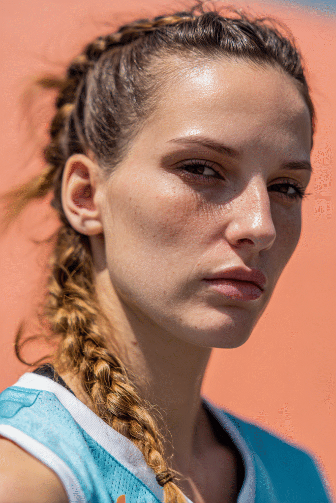 A vibrant female athlete in her 20s with short hair, styled in a side French braid with a tight, secure weave, captured in a close-up shot focusing on the hair, photographed against a seamless light coral backdrop with a smooth surface. She has subtle makeup, a volleyball uniform, a warm skin tone, and a confident expression, captured with bright natural lighting and a sporty vibe.