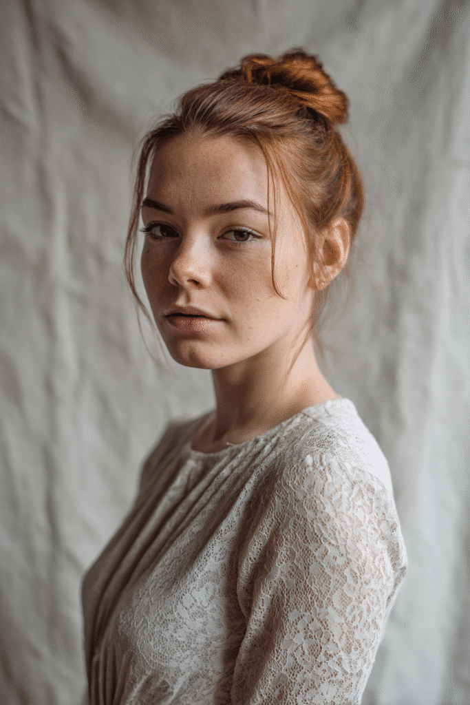 A gorgeous young woman with a natural look featuring a sleek side-part bun in a soft hazelnut shade, wearing an elegant full-length dress with lace long sleeves, radiant expression, warm skin tone, against a seamless soft linen backdrop with a matte finish.
