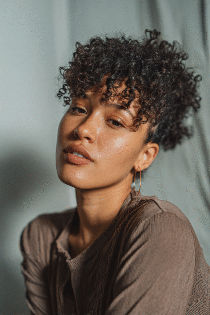 A vibrant young woman in her 20s with natural skin tone, showcasing a curly hairstyle for short hair with a side-parted afro like Lupita Nyong'o, featuring full volume with a side part, captured in a close-up shot focusing on the hair, photographed against a seamless soft mint backdrop with a silky texture. She has subtle makeup, a trendy full-sleeve outfit, realistic hair texture, warm skin tone, and a confident expression, captured with soft natural lighting and an Instagram-style beauty vibe.