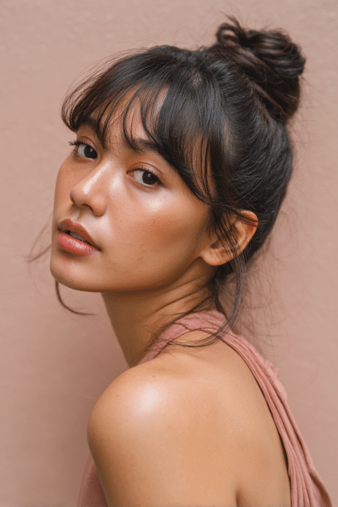 A stunning young woman in her 20s with natural skin tone, showcasing a homecoming hairstyle for medium hair with a side-swept bun, featuring an elegant bun swept to the side with medium-length hair, captured in a close-up shot focusing on the hair, photographed against a seamless light rose backdrop with a smooth texture. She has subtle makeup, a chic homecoming dress, realistic hair texture, warm skin tone, and a confident expression, captured with soft natural lighting and an Instagram-style beauty vibe.