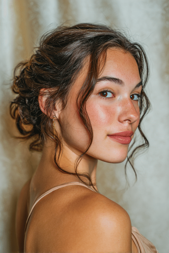 A stunning young woman in her 20s with natural skin tone, showcasing a homecoming hairstyle with a side-swept bun, featuring an elegant bun swept to the side, captured in a close-up shot focusing on the hair, photographed against a seamless light gold backdrop with a glossy sheen. She has subtle makeup, a chic homecoming dress, realistic hair texture, warm skin tone, and a confident expression, captured with soft natural lighting and an Instagram-style beauty vibe.