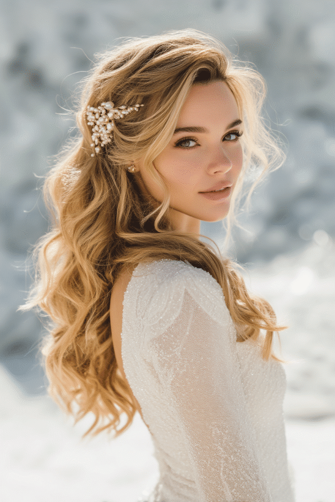 A gorgeous young Black American bride with voluminous side-swept curls and a pearl comb in a deep bronze shade, wearing an elegant full-length winter wedding dress with silk long sleeves, radiant expression, warm skin tone, against a seamless soft linen backdrop with a matte finish, frosty pearl accents in a winter mood.