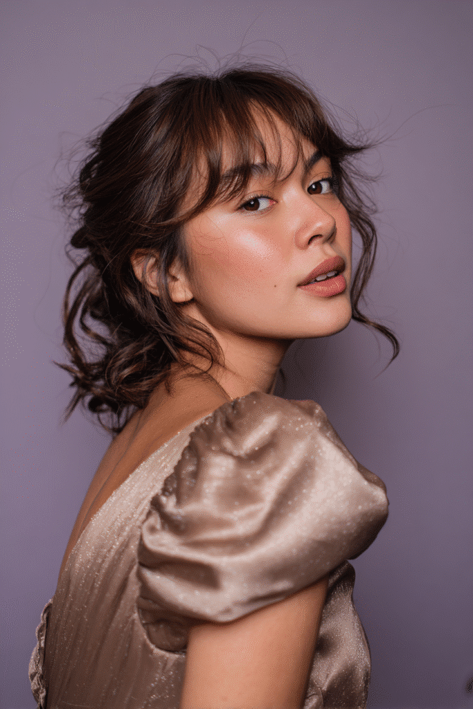 A gorgeous young female model in her 20s with natural skin tone, showcasing a prom hairstyle for short hair with side-swept curls and volume, featuring dramatic curls for flair, captured in a close-up shot focusing on the hair, photographed against a seamless warm violet backdrop with matte texture. She has subtle makeup, an elegant full-shirt prom dress, realistic hair texture, warm skin tone, and a friendly expression, captured with soft natural lighting and an Instagram-style beauty vibe.