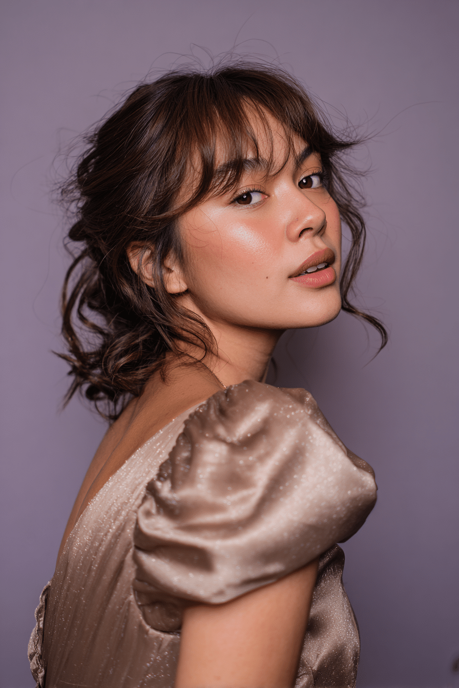 A gorgeous young female model in her 20s with natural skin tone, showcasing a prom hairstyle for short hair with side-swept curls and volume, featuring dramatic curls for flair, captured in a close-up shot focusing on the hair, photographed against a seamless warm violet backdrop with matte texture. She has subtle makeup, an elegant full-shirt prom dress, realistic hair texture, warm skin tone, and a friendly expression, captured with soft natural lighting and an Instagram-style beauty vibe.