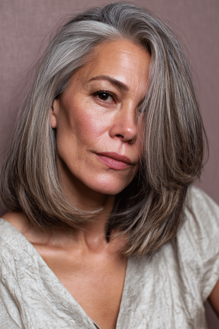 A vibrant American female model over 50 with a mature appearance, showcasing a youthful Side-Swept Fringe hairstyle with long layers for a soft frame, captured in a close-up shot focusing on the hair, photographed against a seamless soft mauve backdrop with a glossy sheen. She has subtle makeup with fine lines, an elegant outfit, realistic hair texture with silver strands, warm skin tone, and a friendly expression, captured with soft natural lighting and an Instagram-style beauty vibe.