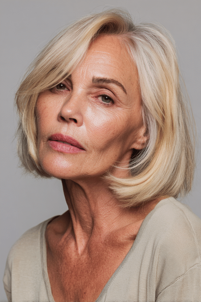 A vibrant American female model over 70 with a distinctly older appearance, showcasing a Blonde Hairstyle For Women Over 70 with a side swept layered bob and neutral blonde with silver blends, captured in a close-up shot focusing on the hair, photographed against a seamless light sage backdrop with a glossy sheen. She has subtle makeup with deeper wrinkles visible, an elegant outfit, realistic hair texture, warm skin tone, and a friendly expression, captured with soft natural lighting and an Instagram-style beauty vibe.