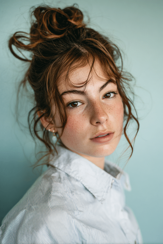 A vibrant young female model in her 20s with natural skin tone, showcasing a 90s messy updo with a side-swept messy bun, featuring loose strands for a casual look, captured in a close-up shot focusing on the hair, photographed against a seamless light aqua backdrop with a smooth texture. She has subtle makeup, a retro full-shirt 90s outfit, realistic hair texture, warm skin tone, and a friendly expression, captured with soft natural lighting and an Instagram-style beauty vibe.
