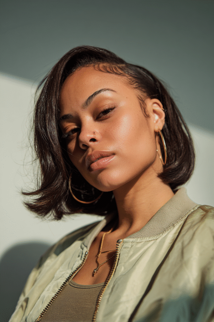 A vibrant female model in her 20s with shoulder-to-waist-length side-swept quick weave hair, styled with a smooth side part, captured in a close-up shot focusing on the hair, photographed against a seamless light sage backdrop with a glossy sheen. She has subtle makeup, a trendy outfit, a warm skin tone, and a confident expression, captured with warm natural lighting and a soft glow.