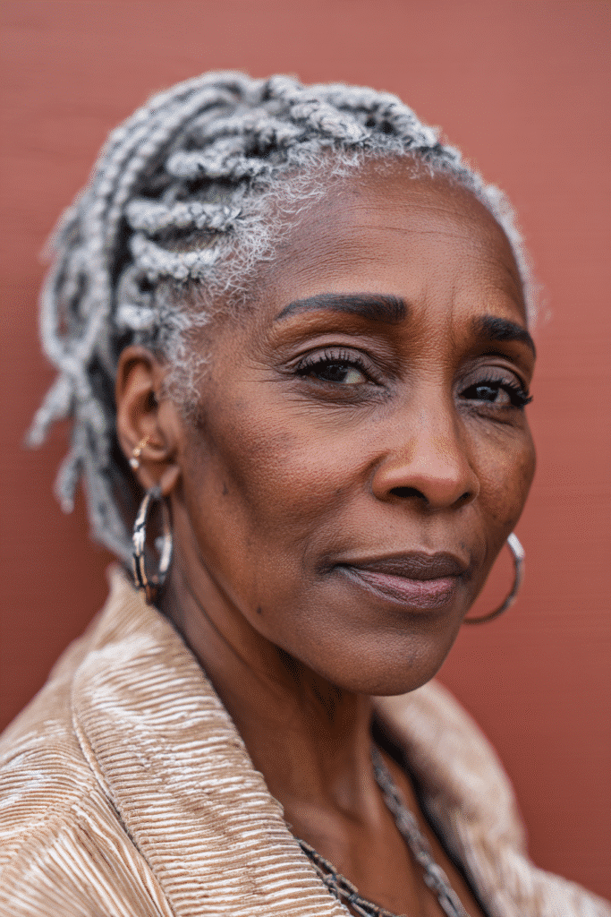 An elegant Black woman over 50 with a warm skin tone and friendly expression, showcasing silver braided bob hairstyle for older Black women over 50. The hair is silver, set against a seamless white backdrop with minimal texture. She wears subtle makeup and an elegant outfit suitable for mature women, captured in soft natural lighting for an Instagram-style beauty photo.