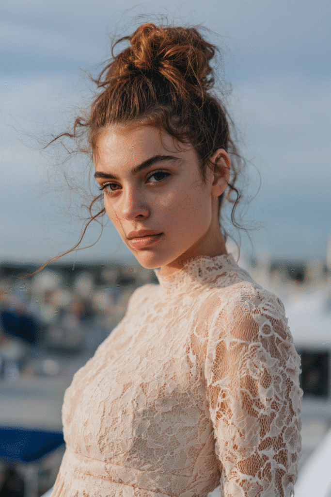 A gorgeous young woman with a natural look featuring a voluminous sky-high slicked-back coif in a soft hazelnut shade, wearing an elegant full-length dress with lace long sleeves, radiant expression, warm skin tone, against a seamless soft linen backdrop with a matte finish.
